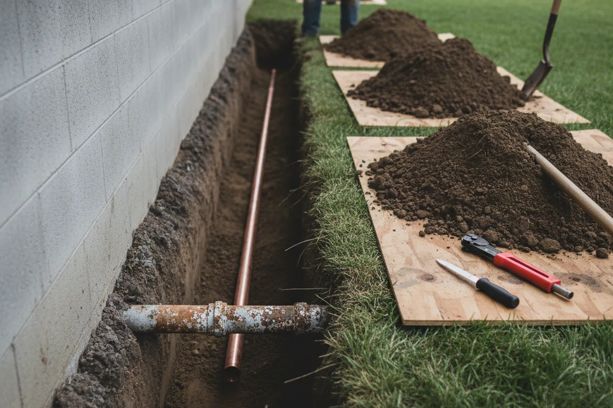 Excavated water line trench during Water Softener Installation in Vincent